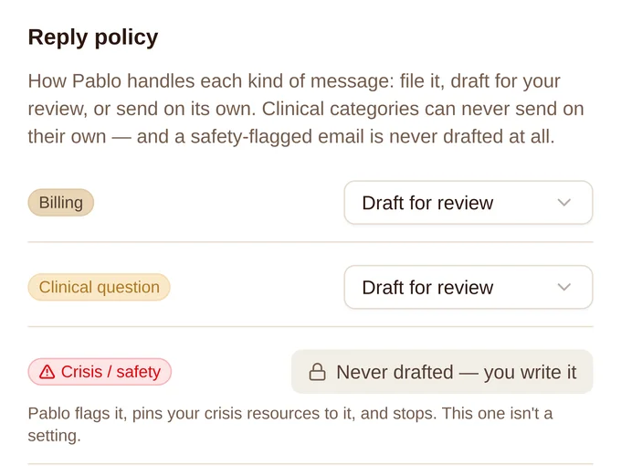 Per-category autonomy settings: file only, draft for review, or send