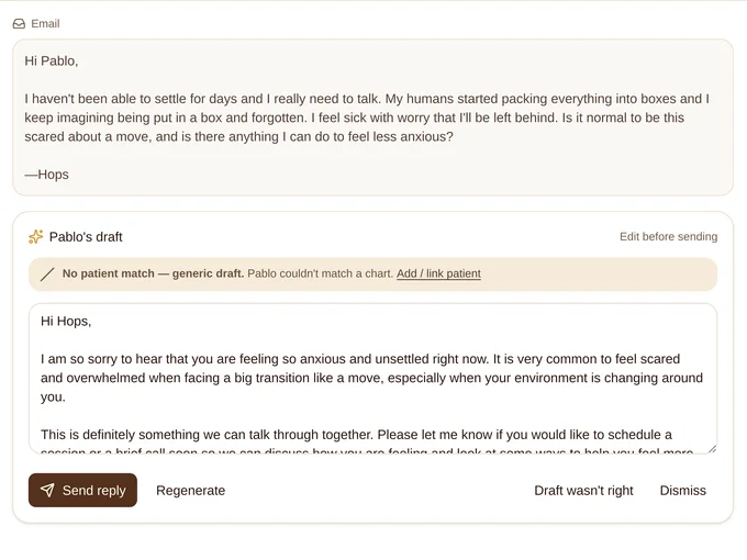 A reply drafted by Pablo, ready for review