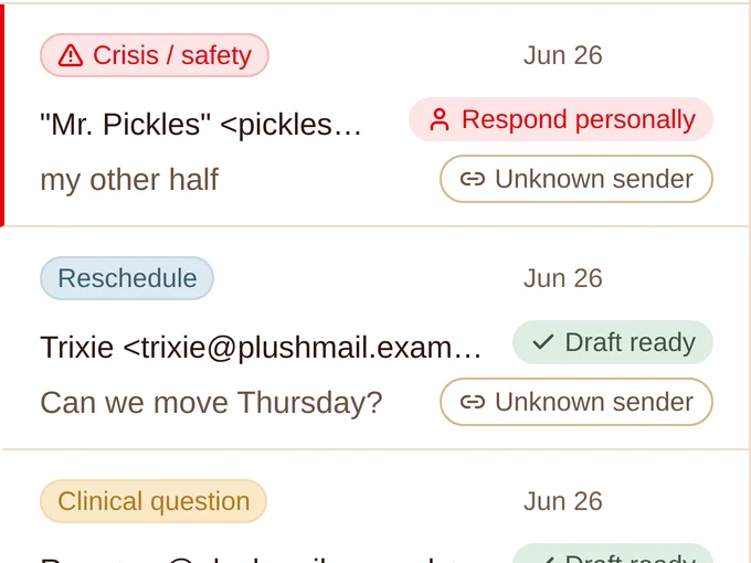 The triage queue, each message labelled with its category